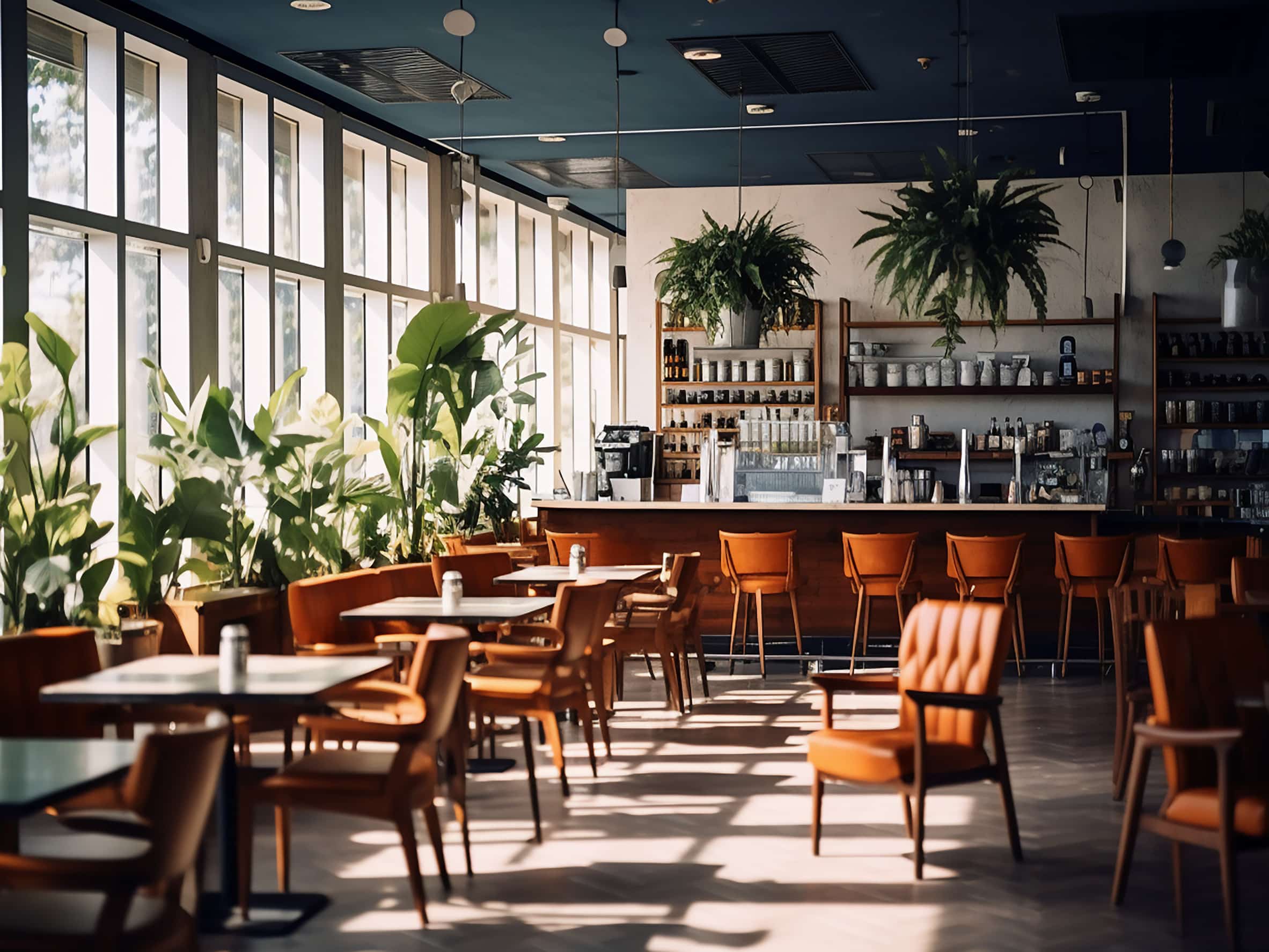 Interior of a modern restaurant with tables and chairs. Nobody inside