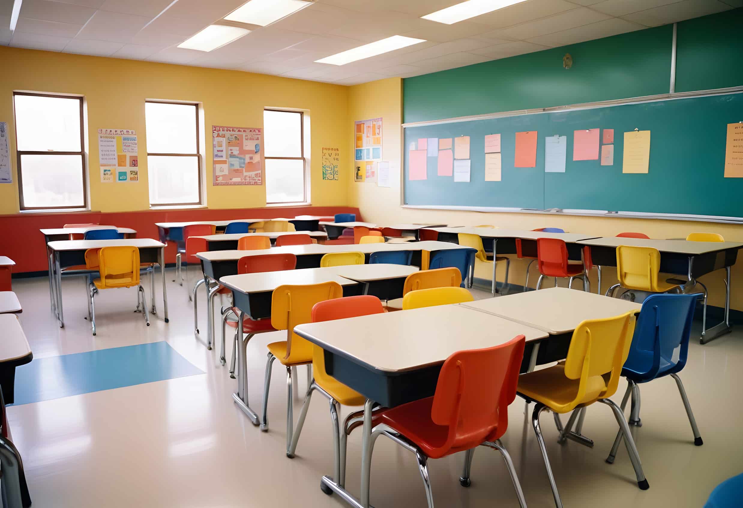 Classroom with tables and chairs in a primary school. Education concept.